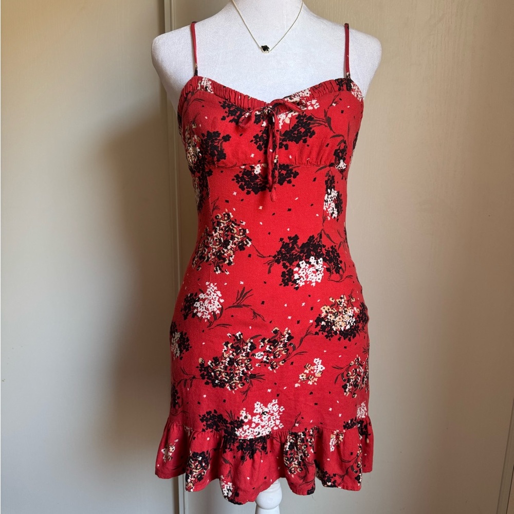 Floral Red Dress with Ruffle Hem